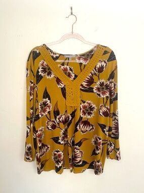 Daniel Rainn Boho Women's XXL Mustard Floral Crochet V-Neck Tunic Botanical